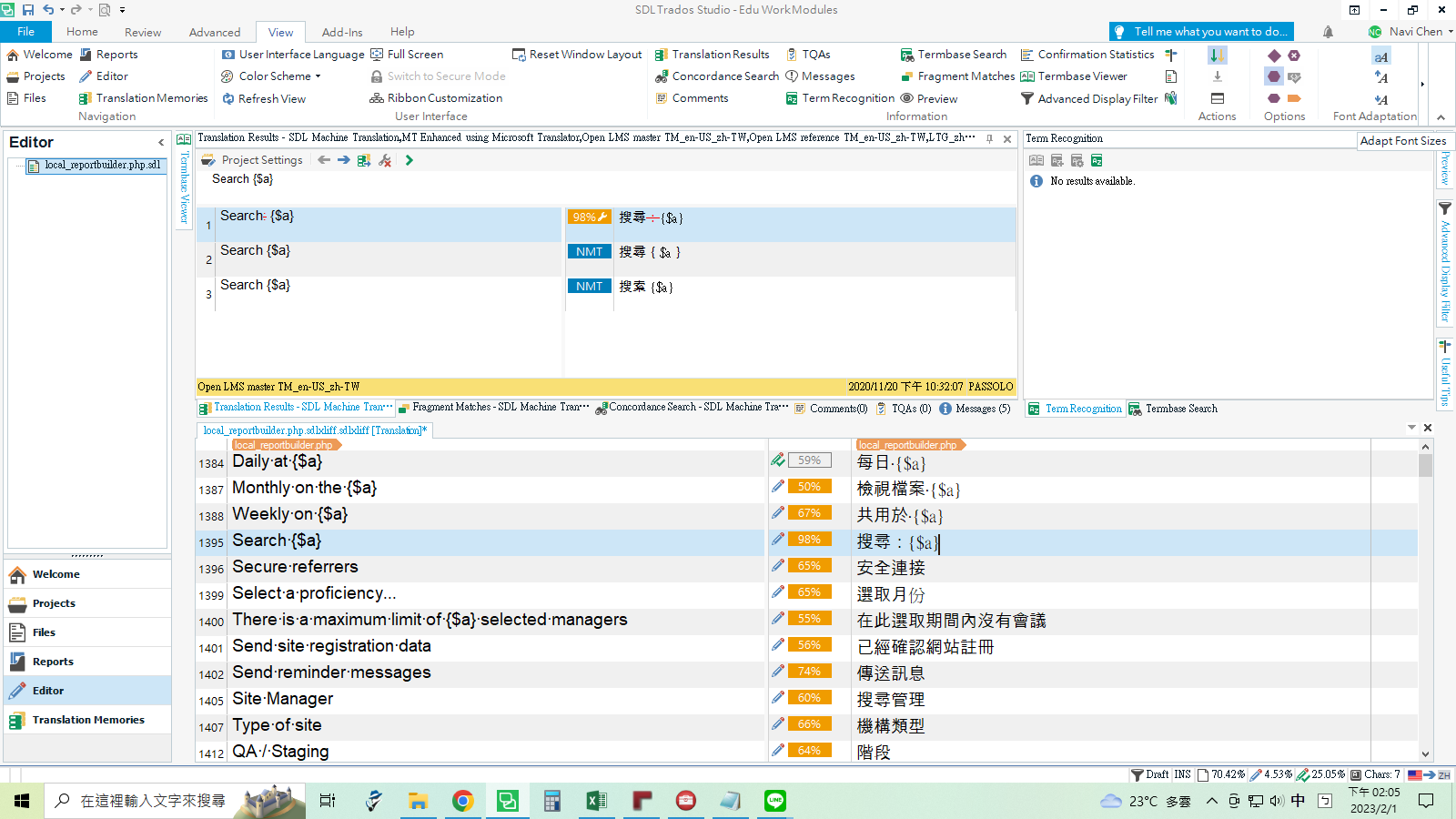 Trados Studio Editor mode displaying square characters in the target text where Traditional Chinese characters should appear.