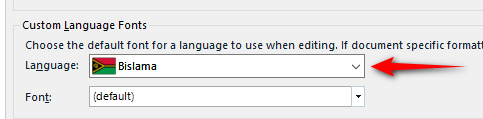 Trados Studio Custom Language Fonts settings window with 'Language' dropdown menu open showing 'Bislama' selected and a red arrow pointing to the dropdown menu.