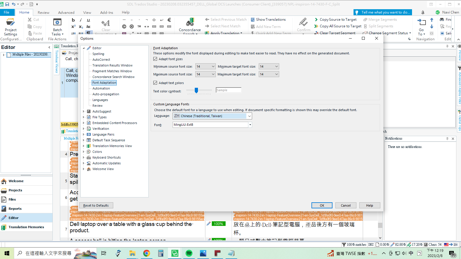 Trados Studio settings window showing 'Font Adaptation' and 'Custom Language Fonts' sections with 'MingLiU-ExtB' selected for Traditional Chinese.