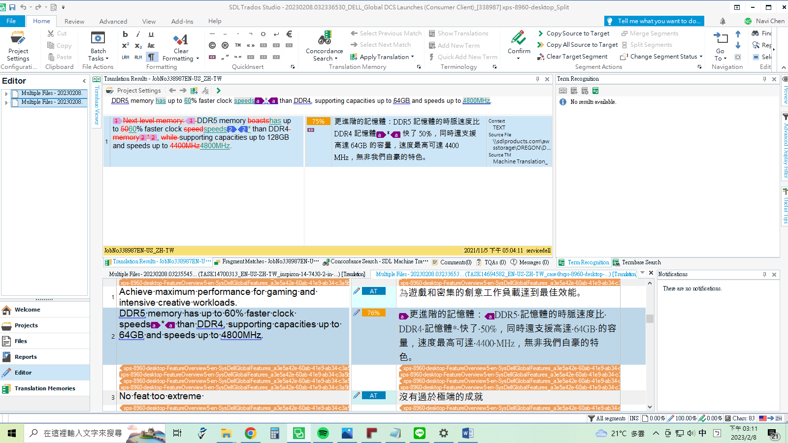 Screenshot of Trados Studio showing a warning about square characters in the Machine Translation output, with normal characters in the Translation Memory pane.