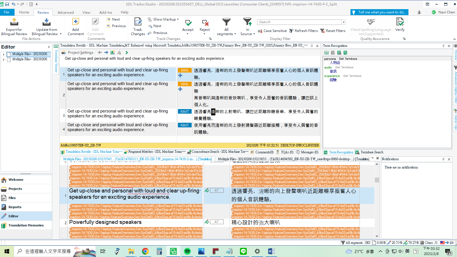 Screenshot of Trados Studio software showing the Editor interface with multiple segments of text. The first segment is confirmed with a 99% match from SDL Machine Translation, while the second segment displays a warning with the same suggested MT in orange highlight.