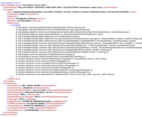 Error message in Trados Studio showing 'KeyNotFoundException' and a stack trace with various method calls.