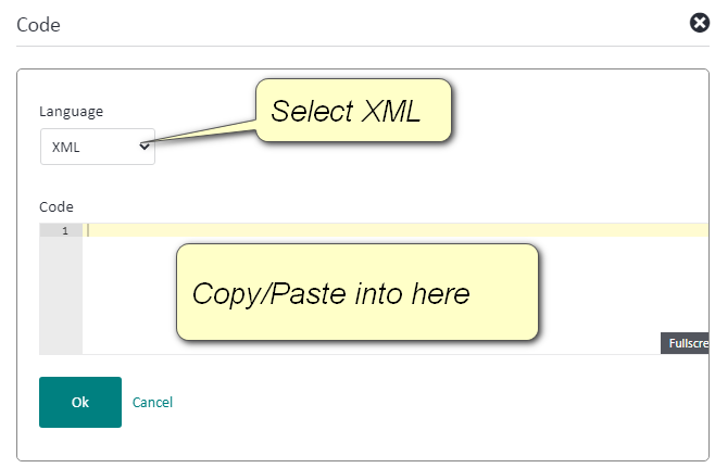 Dialog box for inserting code in Trados Studio with options to select language as 'XML' and a field to copypaste code.