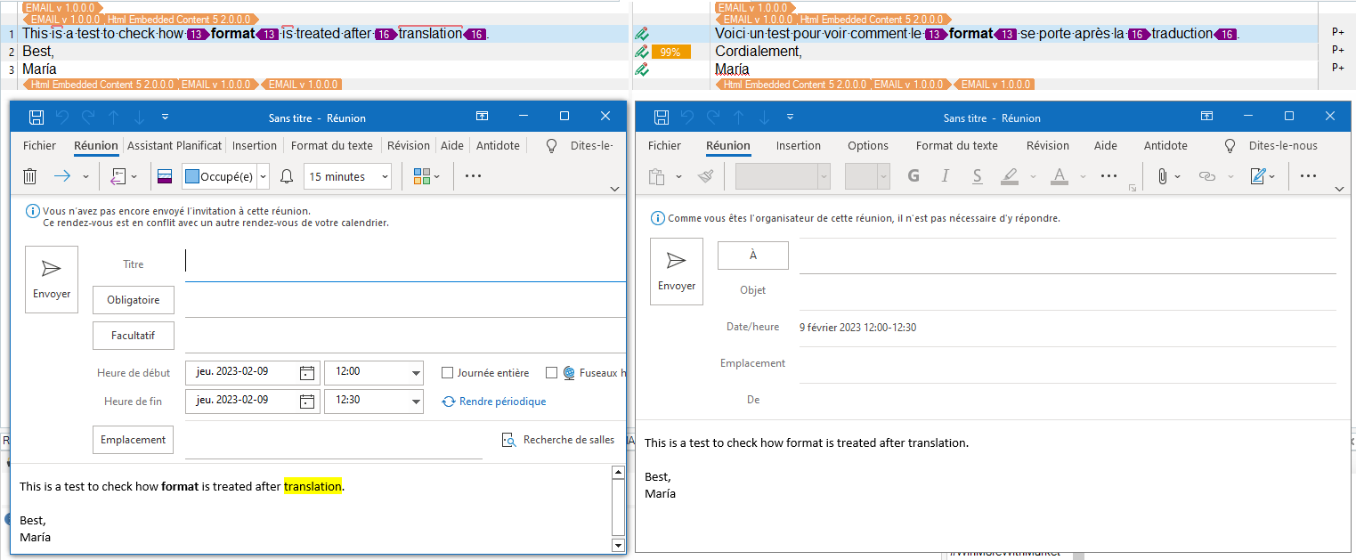Screenshot of Trados Studio showing source text on the left with formatting tags and translated text on the right without formatting applied.