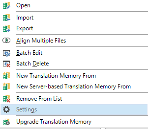 Trados Studio menu with options like Open, Import, Export, and Settings highlighted.