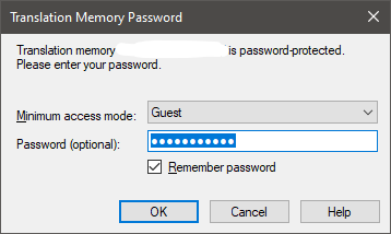 Translation Memory Password dialog box with Minimum access mode set to Guest and a password entered.