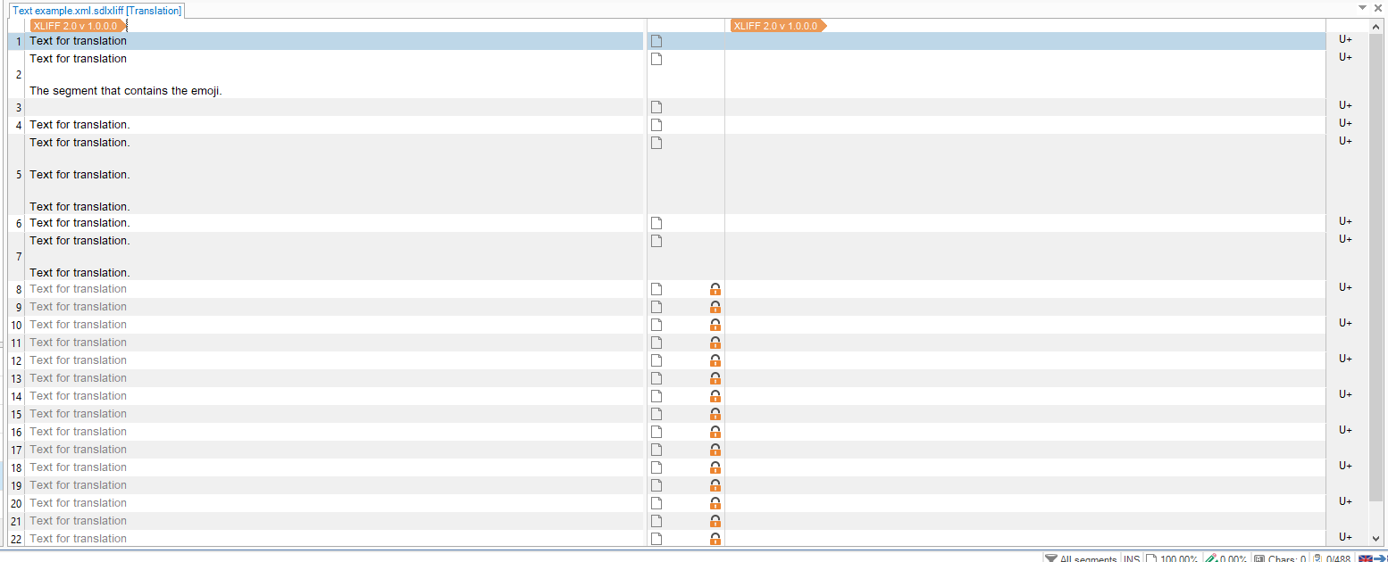 Screenshot of Trados Studio 2017 showing correct segmentation with each XML step in a separate segment.