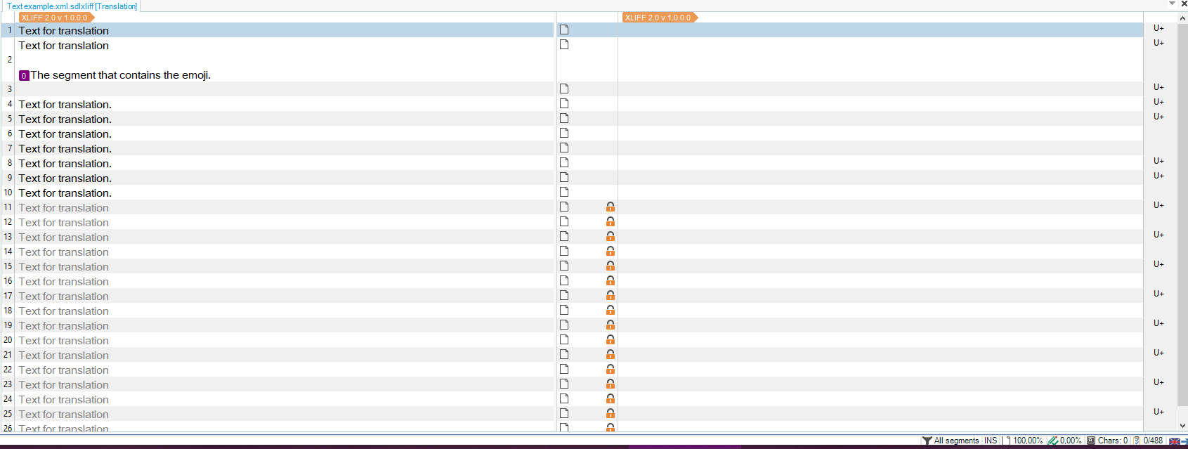 Screenshot of Trados Studio 2021 with incorrect segmentation where each sentence is a new step instead of each XML step.