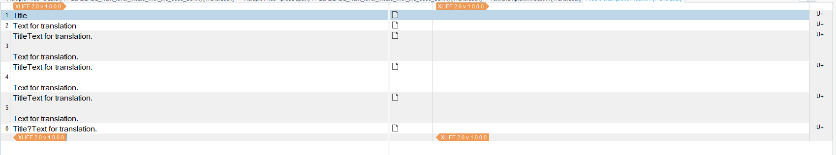 Trados Studio interface showing XML file content with title and body text merged into one segment, marked as an error with red underline.