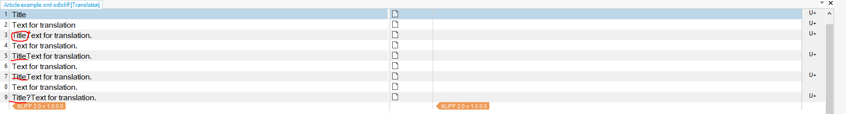 Screenshot of Trados Studio displaying XML file content with incorrect segmentation. Title and description texts are combined into single segments.