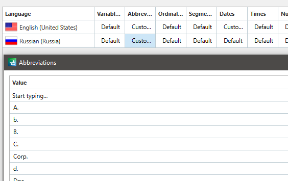 Trados Studio screenshot showing the Abbreviations tab with a list of sample abbreviations like 'A.', 'b.', 'Corp.' under the English (United States) and Russian (Russia) language settings.
