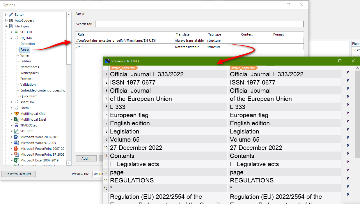 Trados Studio screenshot showing the Parser options with a rule highlighted in red indicating a possible error in the extraction process. The Preview pane displays a side-by-side comparison of original and translated text for 'Official Journal L 3332022'.
