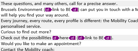 Image of a text document with multiple 'link to BE' icons, suggesting a need to manage hyperlink visibility or formatting in Trados Studio.