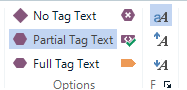 Trados Studio interface with options for 'No Tag Text', 'Partial Tag Text', and 'Full Tag Text'.