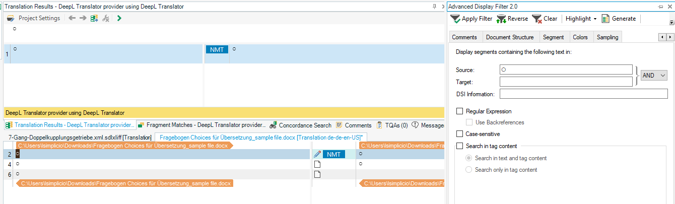 Screenshot of Trados Studio interface showing Translation Results with DeepL Translator provider and a file path, no visible errors or warnings.