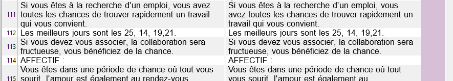 Screenshot of a text comparison in Trados Studio showing differences in paragraph numbers 111 to 115.