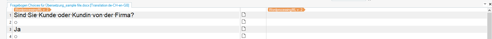 Screenshot of Trados Studio showing a translation file with a question 'Sind Sie Kunde oder Kundin von der Firma?' and options 'Ja' and 'Nein' with checkboxes.
