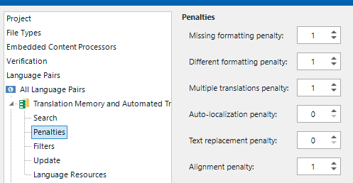 Trados Studio project settings showing penalties for missing and different formatting, multiple translations, auto-localization, text replacement, and alignment.