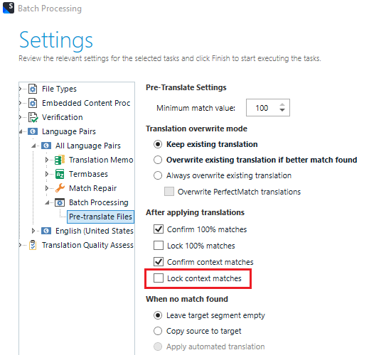 Trados Studio batch processing settings with Pre-translate settings showing options for minimum match value, translation overwrite mode, and confirming and locking matches.