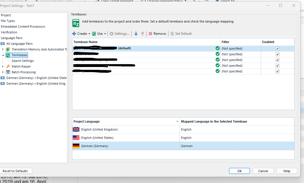 Trados Studio Project Settings window showing Term bases section with a list of term bases, their filters, and enabled status. No visible errors or warnings.