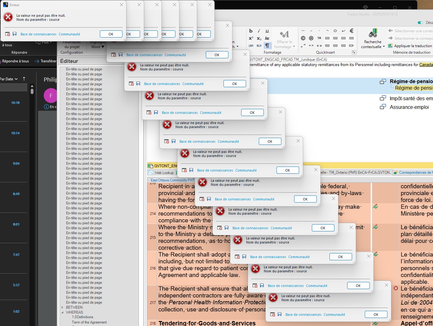 Multiple error pop-up windows on Trados Studio software with the message 'La valeur ne peut pas  tre null. Nom du param tre: source' indicating a null value error.