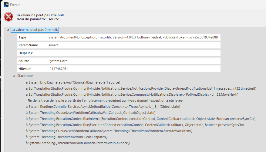 Detailed error message on Trados Studio showing a System.ArgumentNullException with stack trace information and 'La valeur ne peut pas  tre null. Nom du param tre: source' error.
