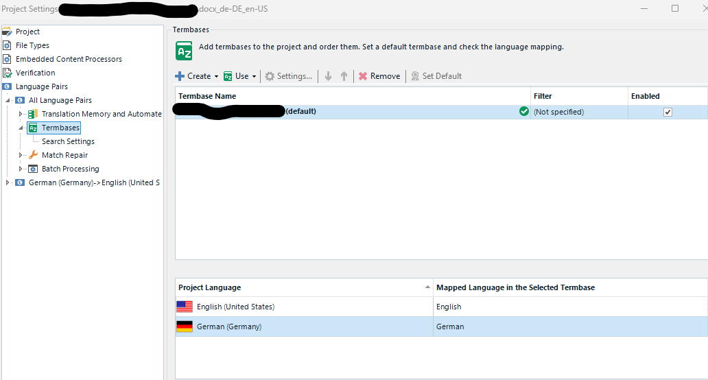 Trados Studio project settings window showing TermBase section with a default term base set and language mapping for English and German.