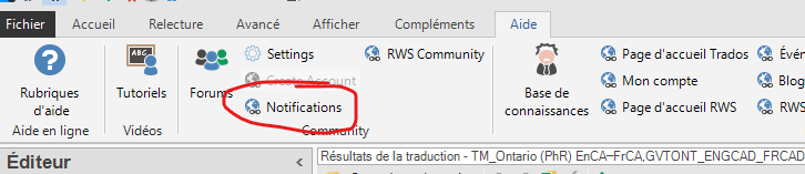 Trados Studio 2022 interface showing the 'Notifications' tab circled in red, indicating where to disable notifications.