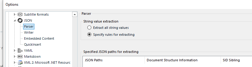 Trados Studio screenshot showing the Options menu with Subtitle formats expanded, highlighting the JSON Parser settings for string value extraction.