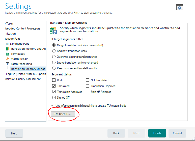 Trados Studio settings window showing Translation Memory Updates section with 'Use information from bilingual file to update TU system fields' checked and 'TM User ID...' highlighted.
