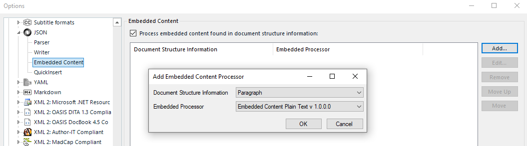 Trados Studio options dialog showing JSON file type selected with Embedded Content expanded, displaying Embedded Content Plain Text processor added.