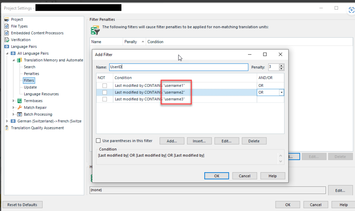 Trados Studio Project Settings window showing Filter Penalties section with an Add Filter dialog box. The dialog box has a Name field filled with 'UserID' and three conditions with 'username1', 'username2', and 'username3' highlighted in red.