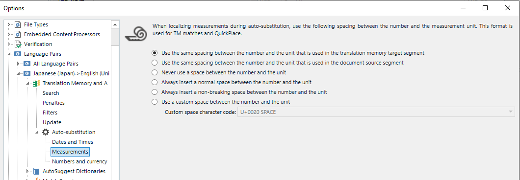 Trados Studio options menu showing auto-substitution settings for measurements with various spacing options between numbers and units.