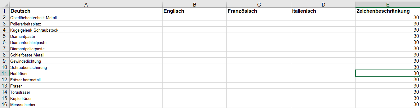 Excel file with columns labeled Deutsch, Englisch, Franzosisch, Italienisch, and Zeichenbeschrankung, filled with various terms and character limits.