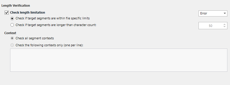 Length Verification settings in Trados Studio with 'Check length limitation' checked and 'Error' selected for segments longer than character count.