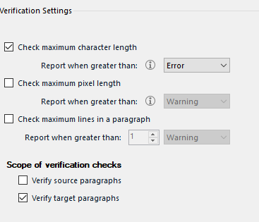 Verification Settings in Trados Studio with options for checking maximum character and pixel length, and maximum lines in a paragraph.