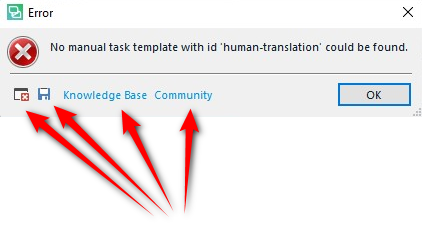 Error dialog box in Trados Studio stating 'No manual task template with id 'human-translation' could be found.' with options for Knowledge Base and Community.