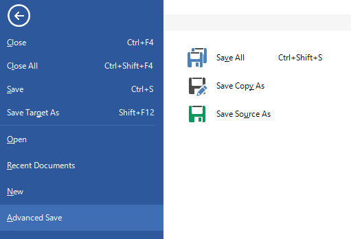 Dropdown menu in Trados Studio with file options including 'Save Source As' highlighted for selection.