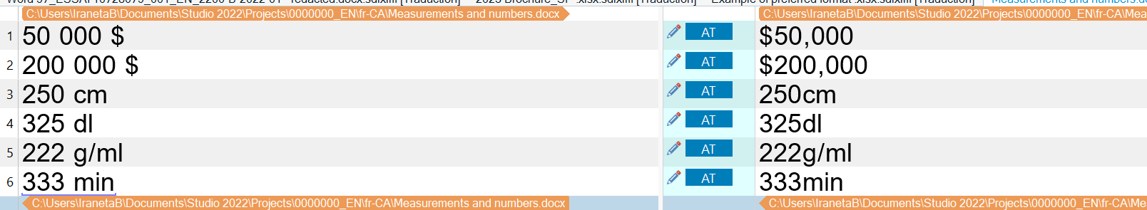 Screenshot of Trados Studio showing two segments with currency formatted correctly as $50,000 and $200,000 without space between the number and unit.