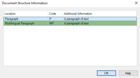 Trados Studio Document Structure Information dialog box showing two entries: 'Paragraph' with code 'P' and 'Multilingual Paragraph' with code 'MP', both with additional information 'A paragraph of text'. No length limitation information displayed.