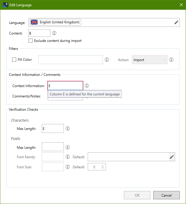 Trados Studio Edit Language dialog box showing settings for English (United Kingdom) with a focus on Context Information section where column E is selected and a note stating 'Column E is defined for the current language'.