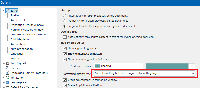 Trados Studio options menu with 'Editor' settings expanded showing 'Formatting display style' set to 'Show formatting but hide recognized formatting tags'.