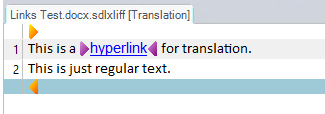 Screenshot of Trados Studio editor with two segments, one containing a hyperlink for translation and the other with regular text.