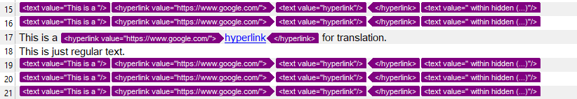 Screenshot of Trados Studio editor showing multiple segments with inline tags for hyperlinks, despite the text being hidden and non-translatable.