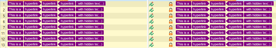 Trados Studio Editor showing multiple segments with hyperlinks, some segments are locked indicated by a lock icon.