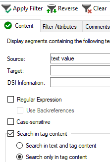 Trados Studio Advanced Filter Display with 'text value' entered in Source field, 'Search in tag content' checked, and 'Search only in tag content' selected.