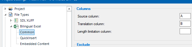 Trados Studio settings showing Bilingual Excel file type with Source column set to A and Translation column set to B.