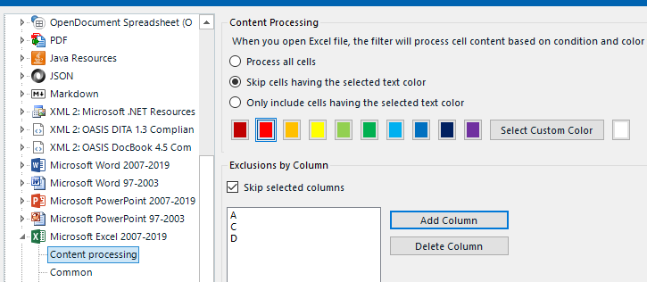 Trados Studio settings for Microsoft Excel 2007-2019 file type with options to skip cells by text color and exclusion of columns A, C, and D.