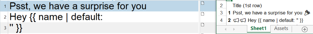 Screenshot of an Excel file with two rows of text, the first saying 'Psst, we have a surprise for you' followed by an emoji of a gift, and the second row containing a placeholder for a name with a default value.