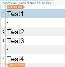 Screenshot of Trados Studio showing a list with four test segments labeled Test1, Test2, Test3, and Test4, with visible leading spaces before the text in segments 1 and 3.